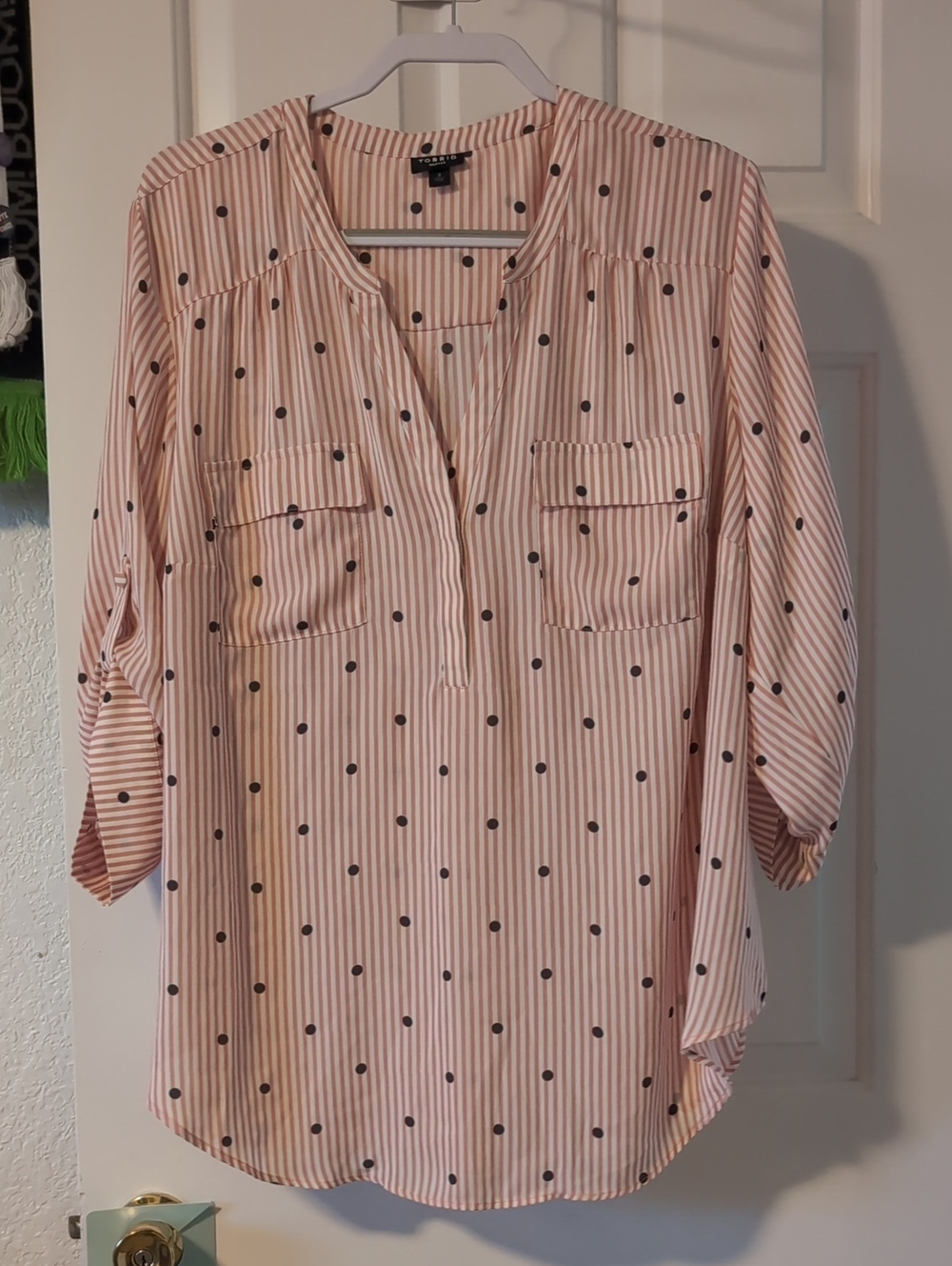 torrid Harper- Pink Striped Blouse with Navy Polka Dots